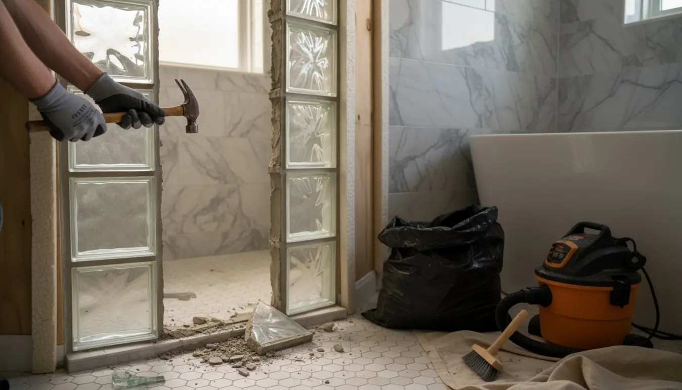 Nedrivning af muret bruseniche i glasblokke, hvor håndværker forsigtigt fjerner fuger for at bevare fliserne.