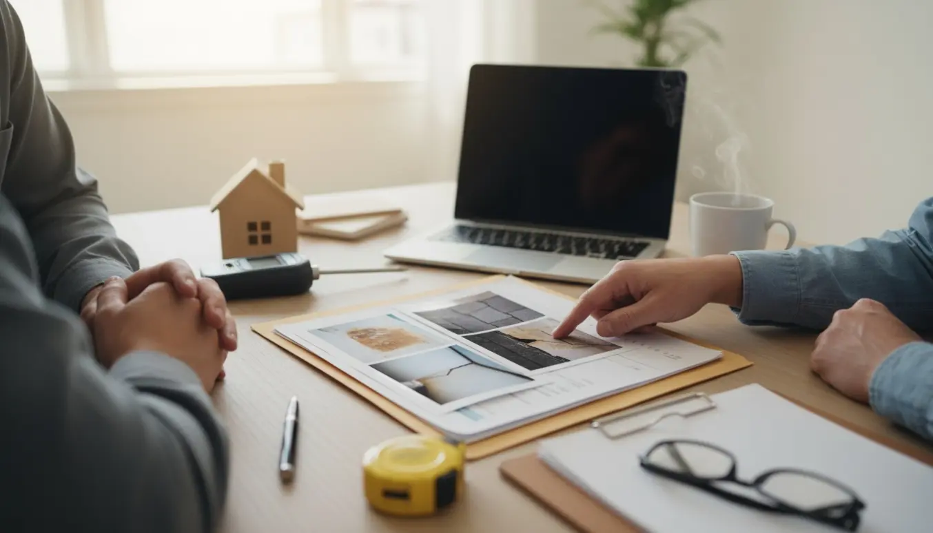 To personer gennemgår en boligtilstandsrapport på et træbord med husmodel og måleinstrumenter.