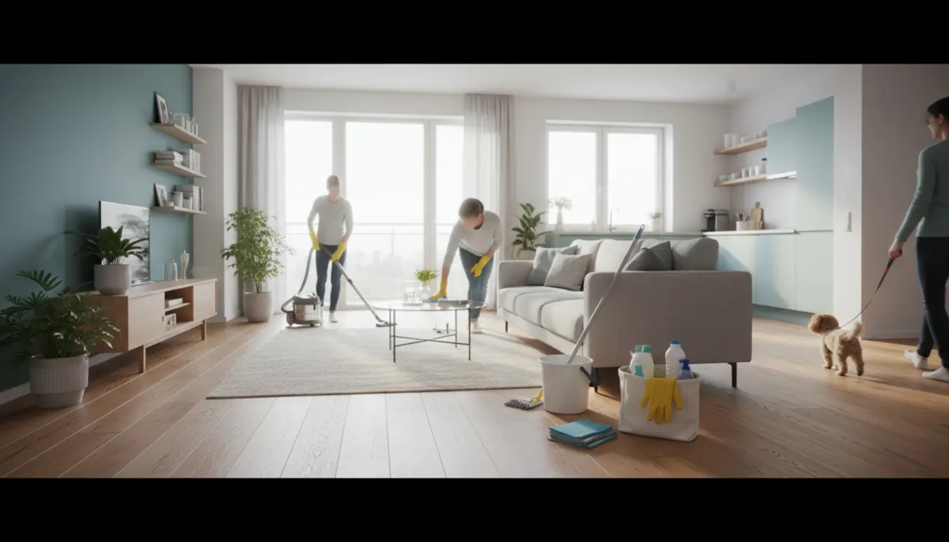 To rengøringsassistenter gør rent i en lys, moderne lejlighed, mens ejeren går tur med hunden.