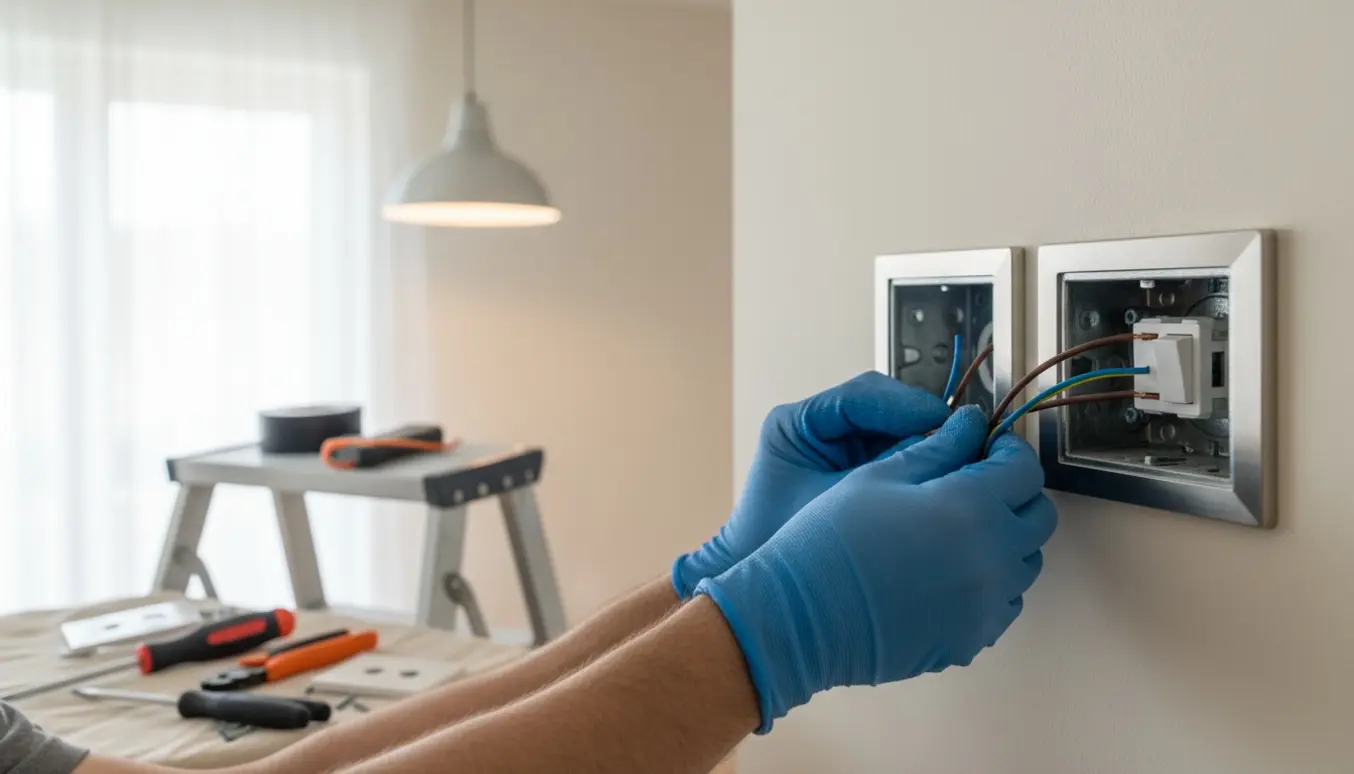 Nærbillede af hænder, der installerer to stikkontakter med farvekodede ledninger og værktøj på en lys væg.