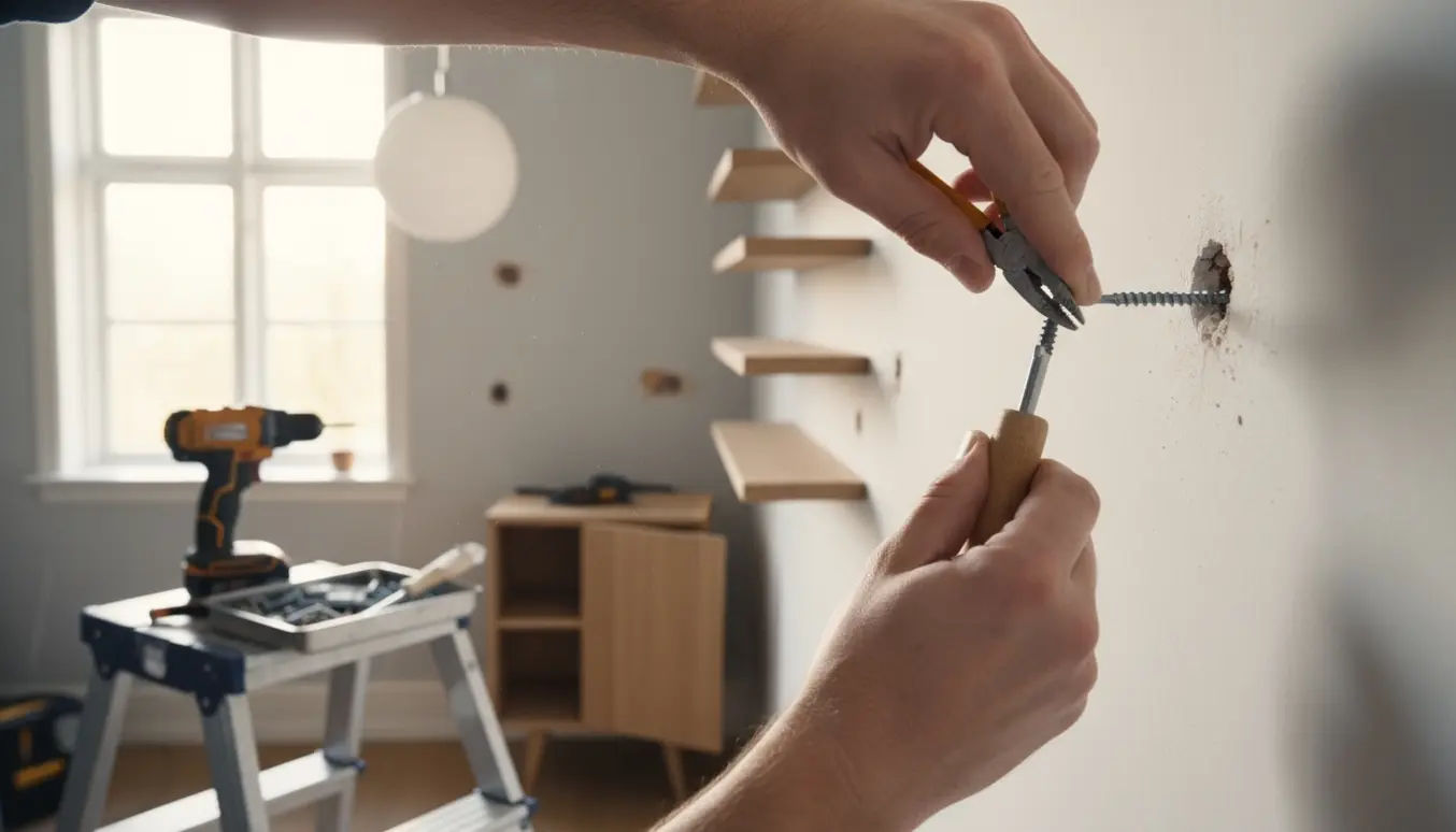 Hænder fjerner en brækket skrue fra væggen mens entre-møbel og hylder er taget ned i en lys gang.