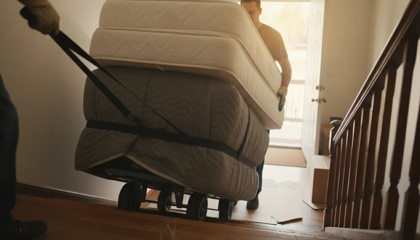 Flyttemænd bærer en indpakket sofa og madrasser ned ad en trappe i en opgang.