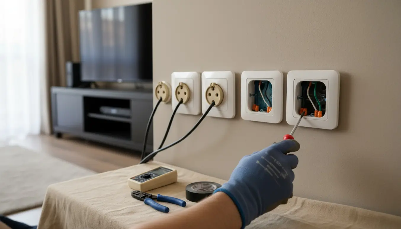 Elektriker udskifter flere gamle TV-stik med nye dobbelte stikkontakter på en væg.