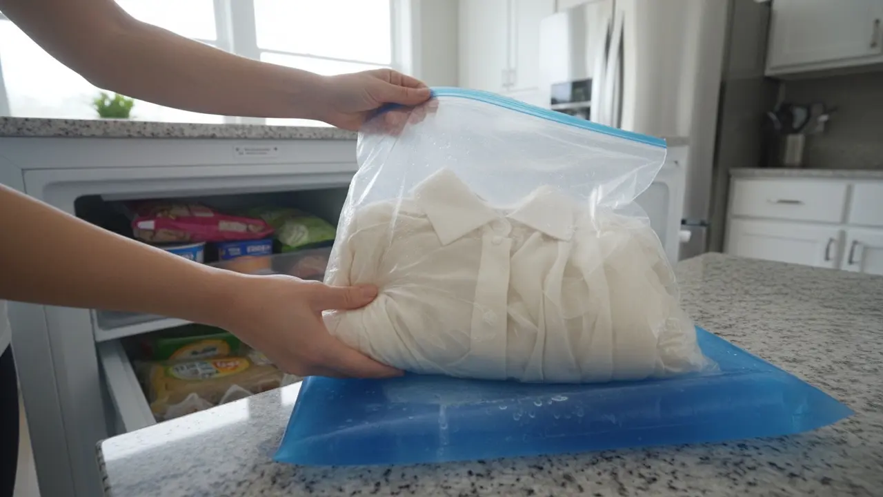 Silkebluse i klar plastpose der lægges i fryser for at gøre harpiks skør