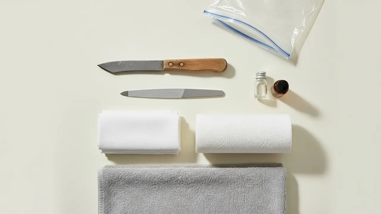 Udstyr: sløv kniv, neglefil, bomuldsklude, absorberende underlag og plastpose