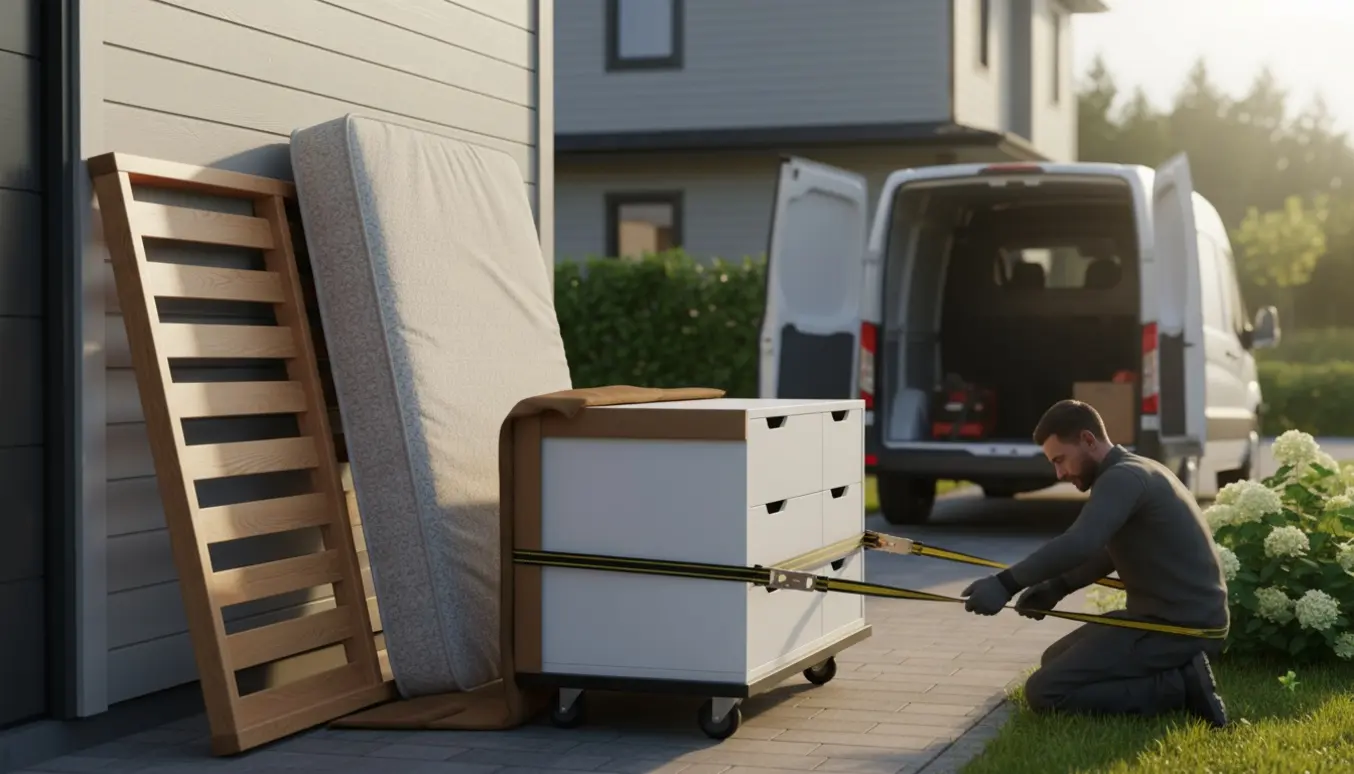 Seng, topmadras og hvid Malm-stil kommode står udenfor klar til afhentning.