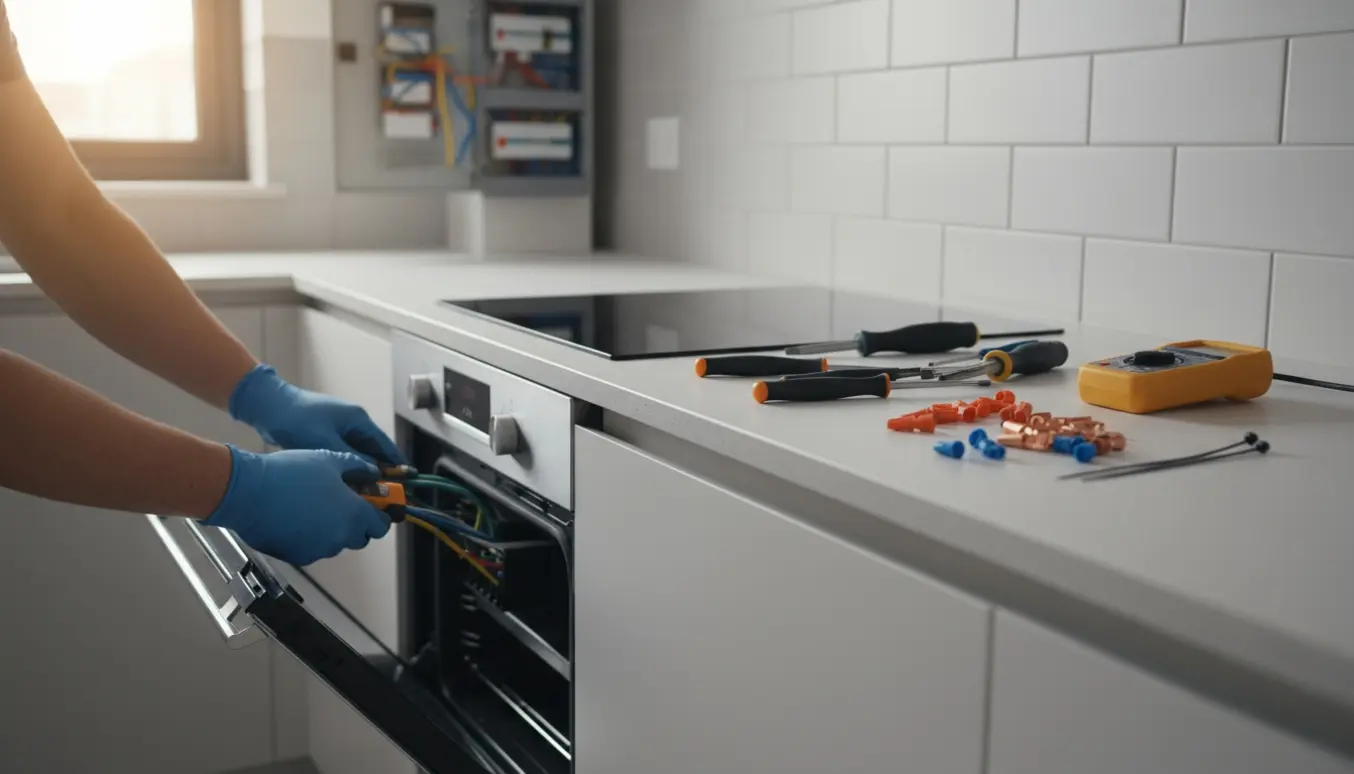Elektriker forbinder ovn og kogeplade i et nyinstalleret køkken, kun hænder og værktøj synlige.