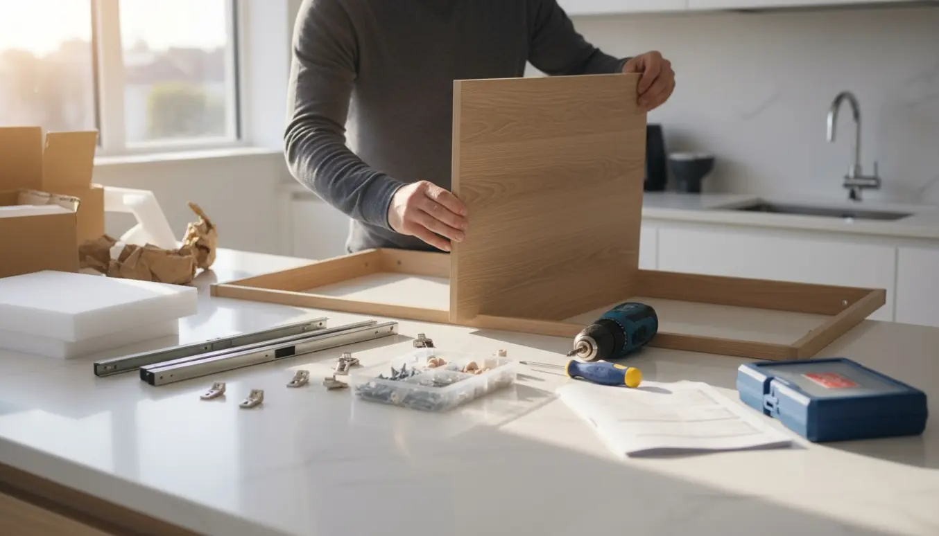 Hænder samler et nyt fladt pakkekøkkenskab på en lys køkkenbordplade med værktøj og skruer.