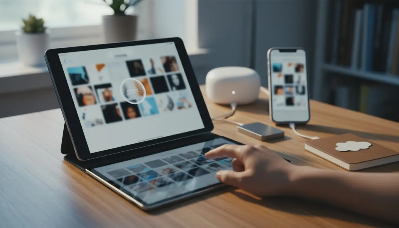 iPad og telefon på et skrivebord, hvor billeder synkroniseres til skyen og en opdatering kører.