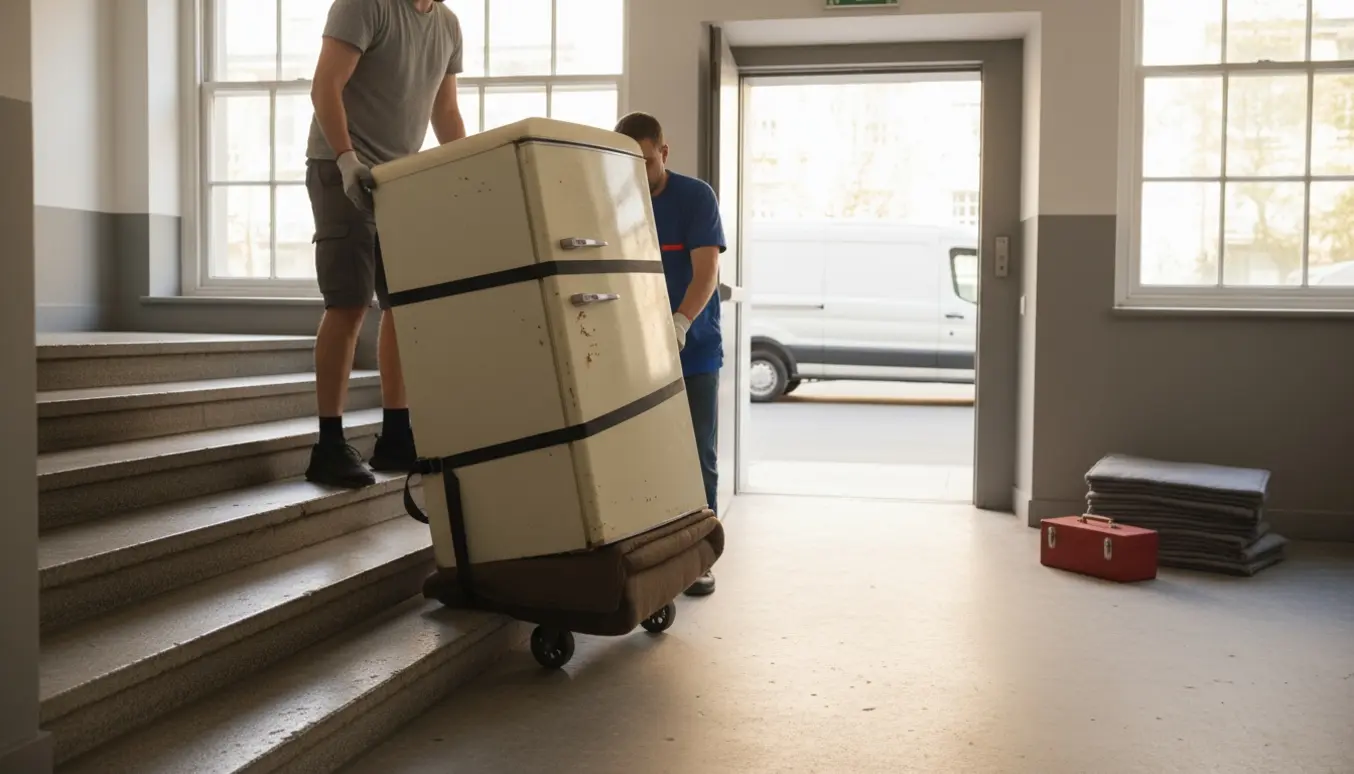 To personer flytter et køleskab ned ad cirka fem trappetrin mod en åben varevogn, ansigter ikke tydelige.