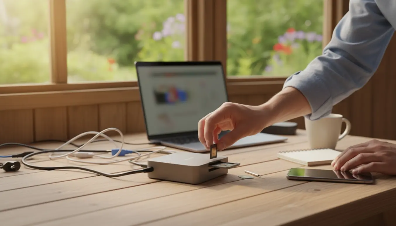 Hænder fejlsøger en mobilrouter i et hyggeligt sommerhus med SIM-kort, kabler og en bærbar computer i baggrunden.