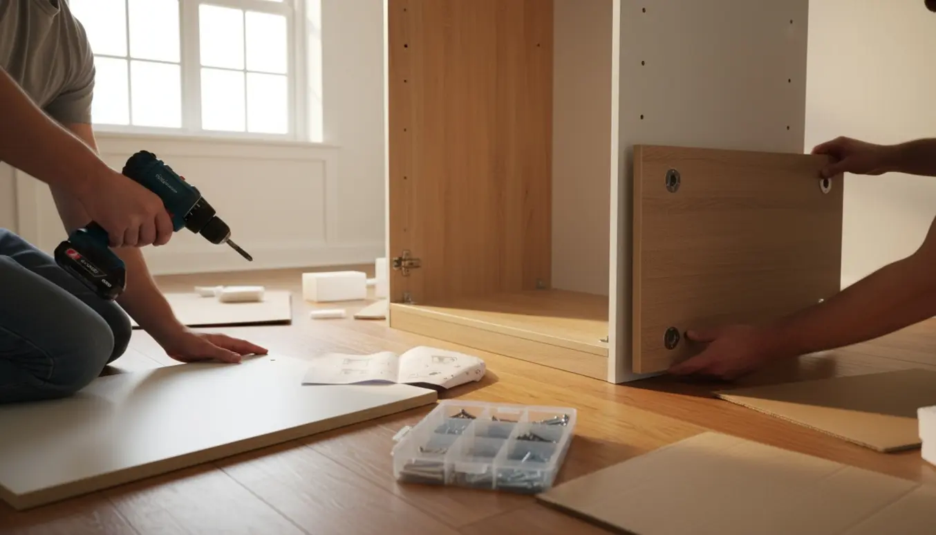 Hænder samler et garderobeskab med boremaskine og skruer i et lyst soveværelse.
