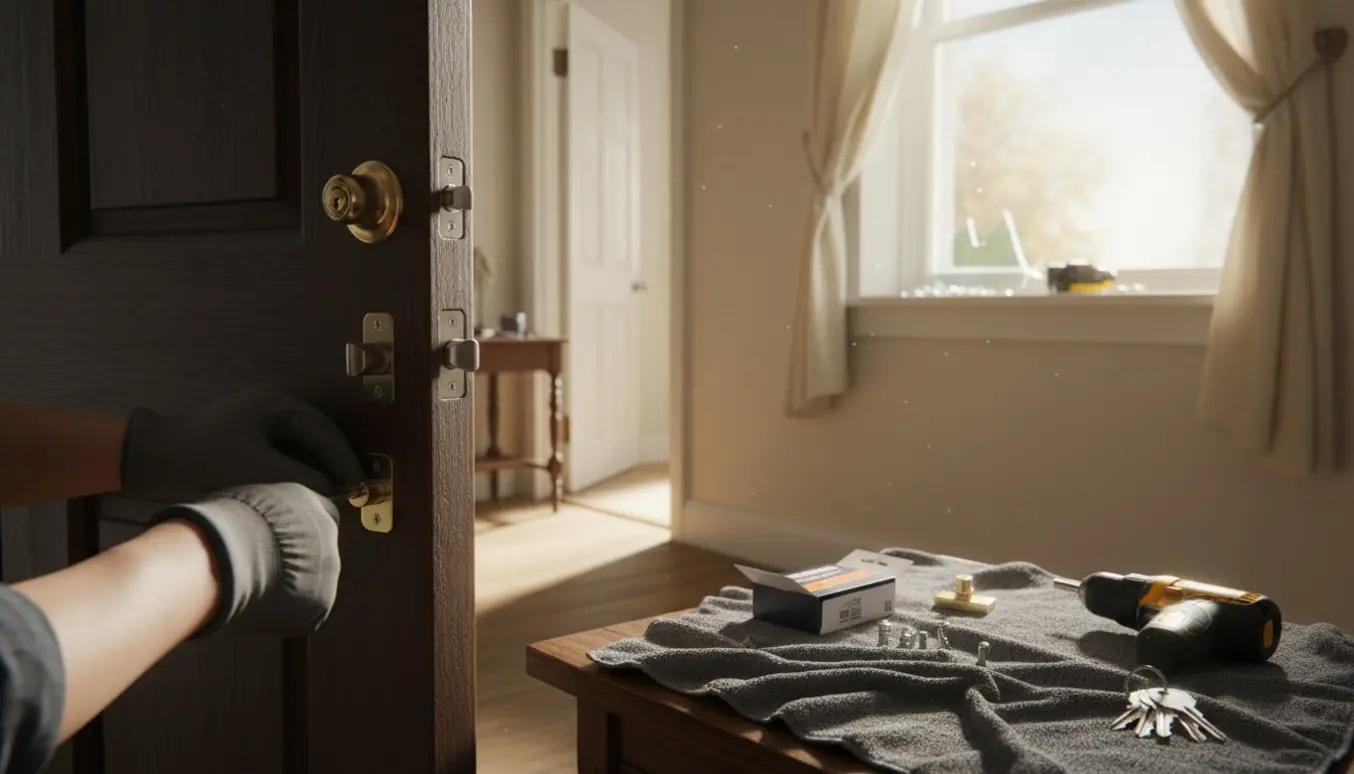 Nærbillede af hænder, der skifter låse i to døre efter indbrud, med værktøj og et slået vindue i baggrunden.