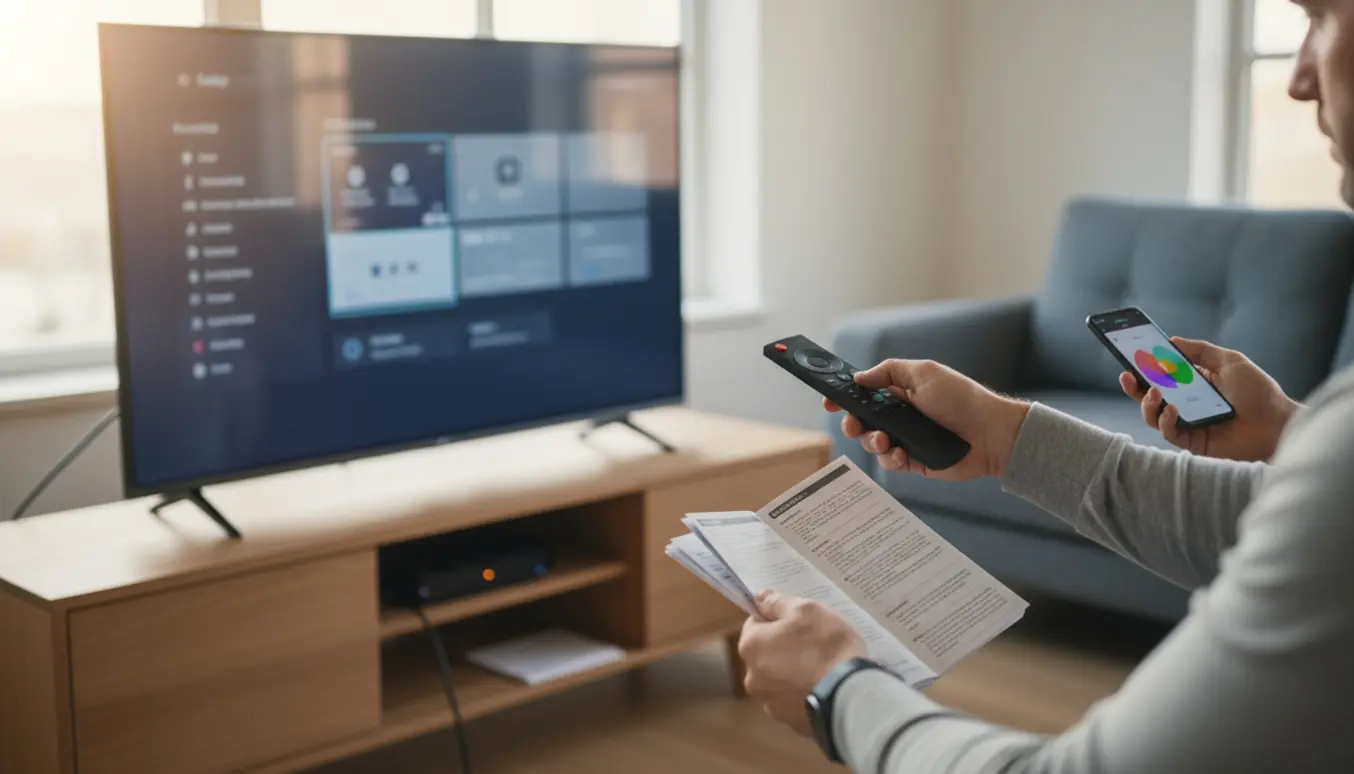 Hænder med fjernbetjening opsætter kanaloversigt på et nyt 55-tommer fjernsyn i en lys stue.