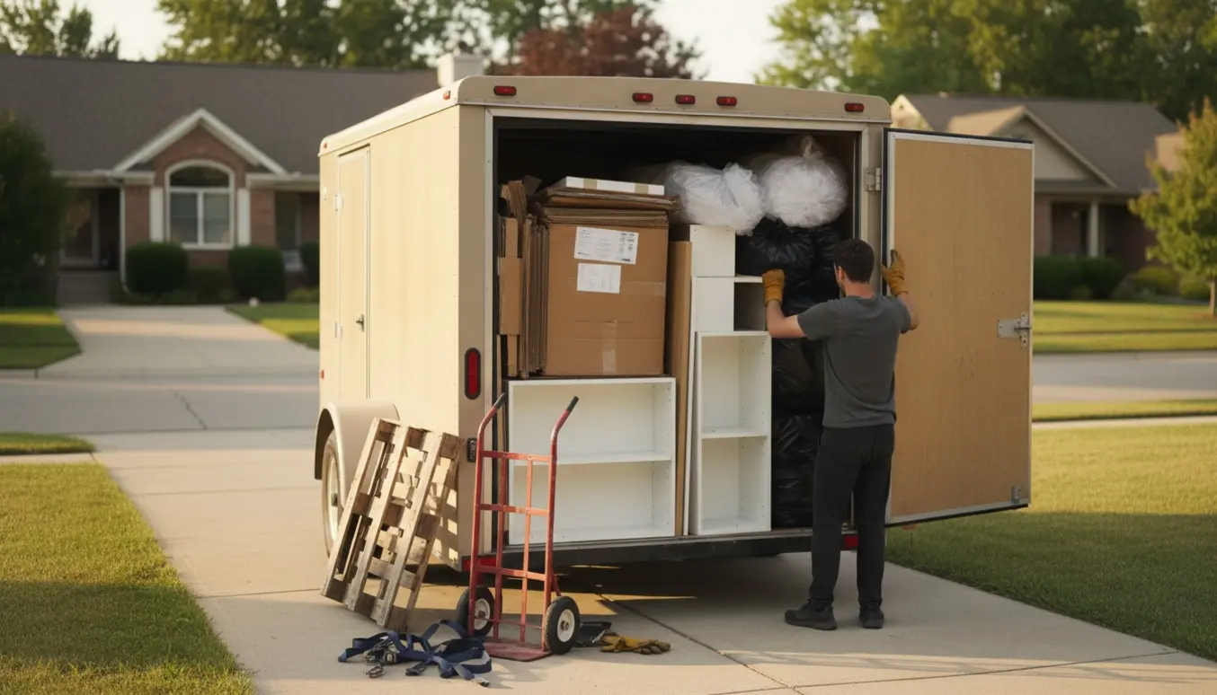 Lukket trailer med pap, plastik, en palle og nedtagne IKEA-hylder klar til bortkørsel.