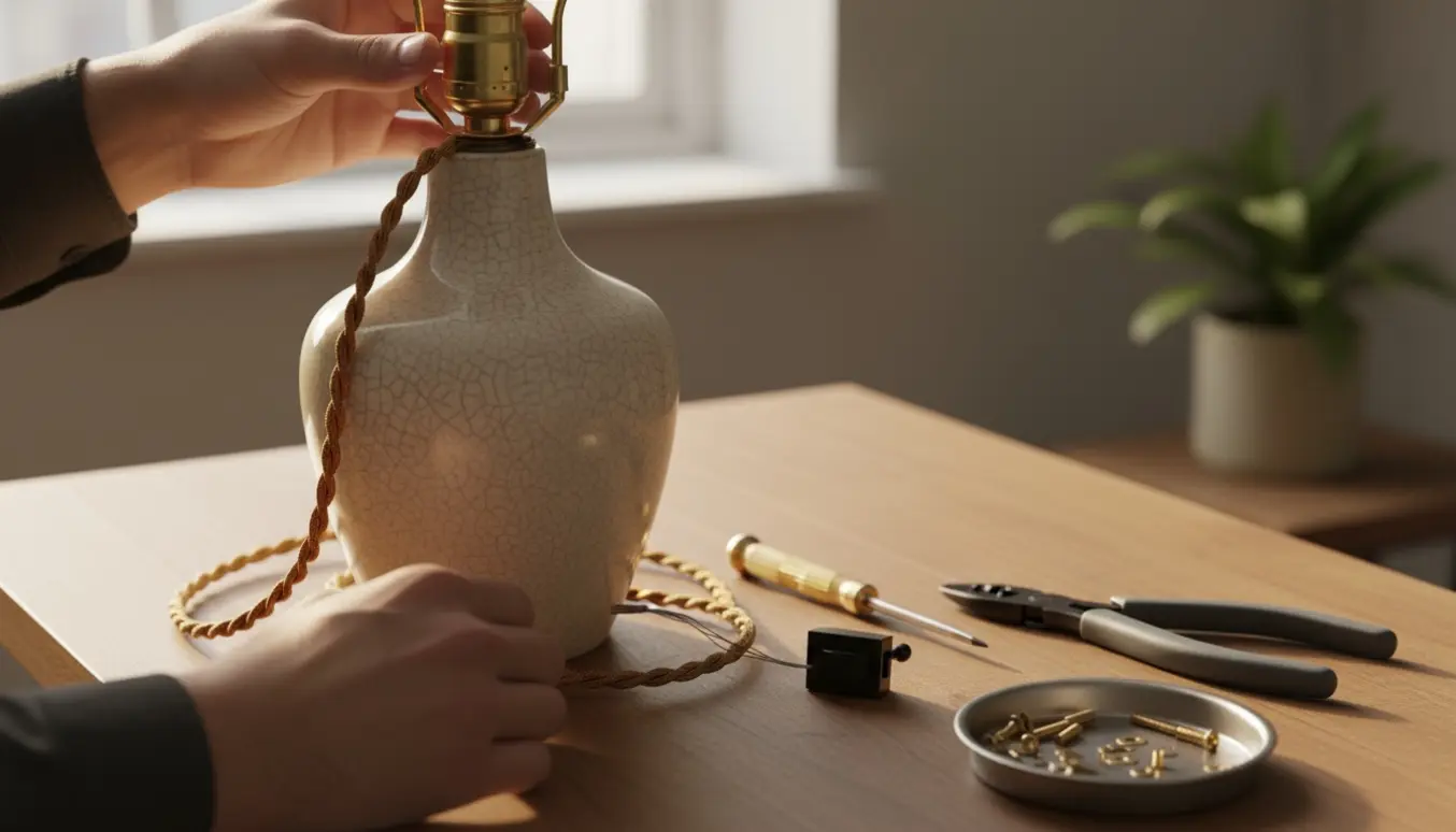 Nærbillede af hænder, der udskifter tænd/sluk-knappen på en gammel keramisk bordlampe på et træbord med værktøj.