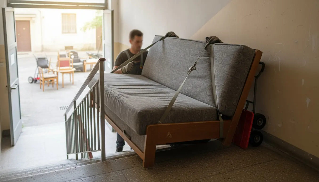 En sovesofa bæres ned ad en opgang på vej til storskrald i gården.