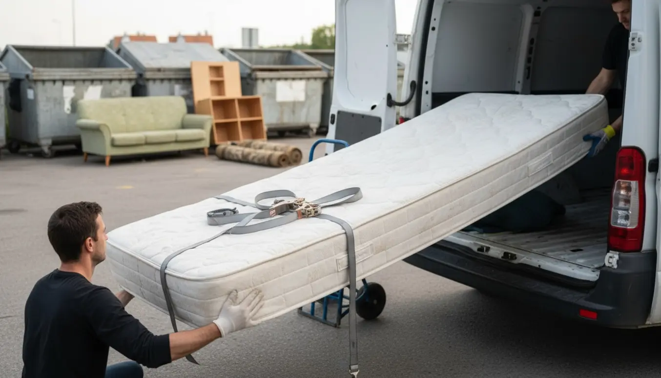 En madras 140x200 læsses ind i en varebil ved en storskraldsplads, kun hænder og rygge synlige.