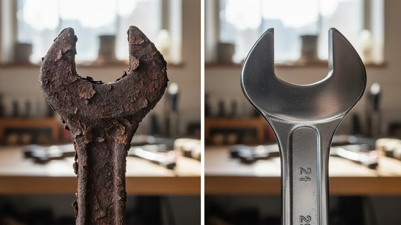 Sammenligning af en rusten metalgenstand og samme genstand renset og blank.