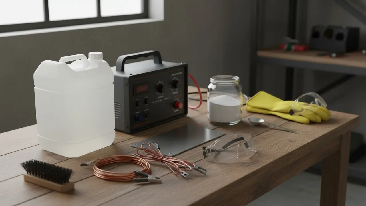 Nødvendigt udstyr til elektrolyse: beholder, strømforsyning, anode, krystalsoda, kabler og sikkerhedsudstyr.