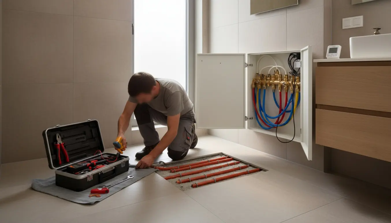 VVS-tekniker arbejder ved blottede gulvvarmerør under løse fliser i et moderne badeværelse.