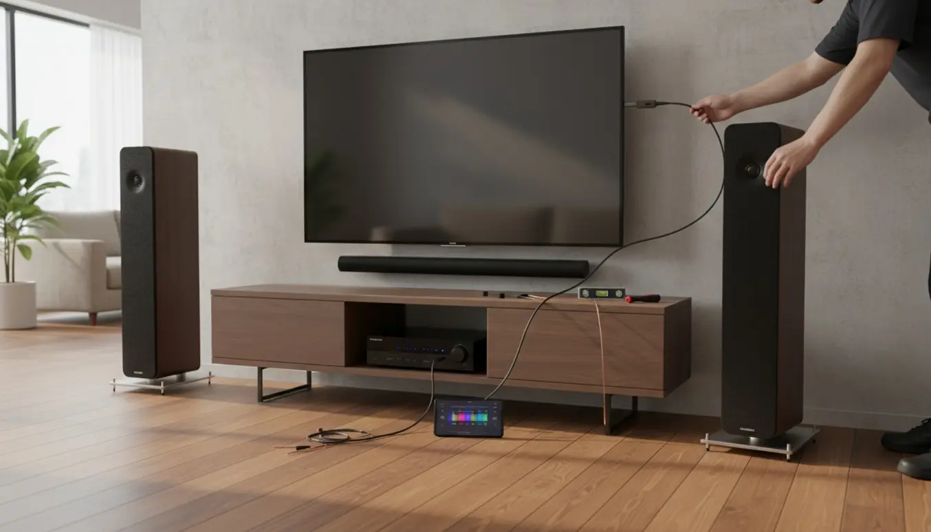 Hænder samler et TV, soundbar og gulvhøjtalere i en moderne stue med kabler og værktøj på et mediemøbel.