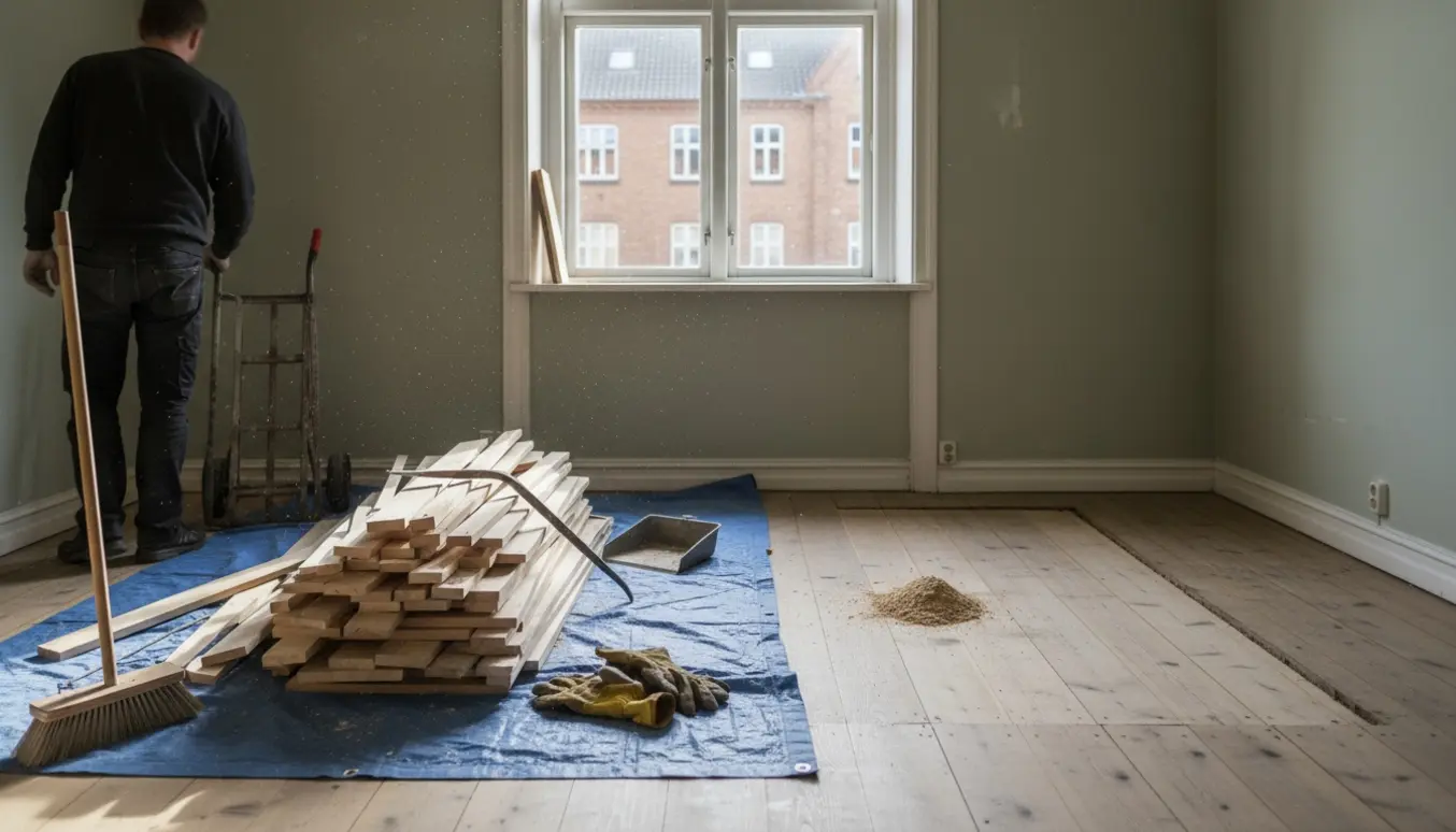 Byggeaffald og afmonterede gerigter stablet i en Nørrebro-lejlighed, klar til gulvreparation.