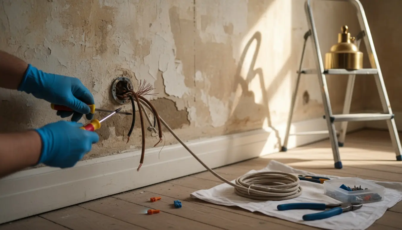 Handskerede hænder arbejder ved et åbent gammelt el-udtag i en københavnsk lejlighed med lampe og værktøj klar.