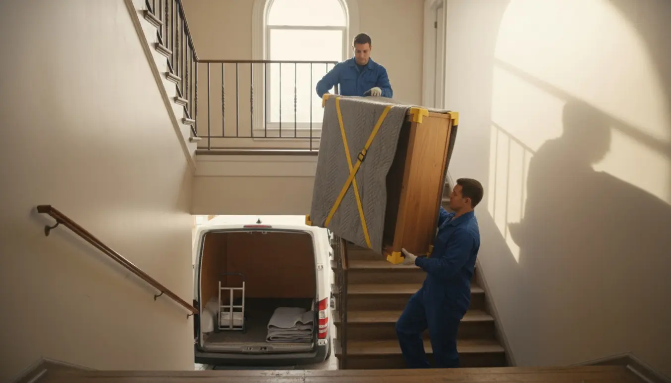 To hjælpere bærer et væghængt vitrineskab indpakket i tæpper og stropper op ad trappen mod tredje sal.