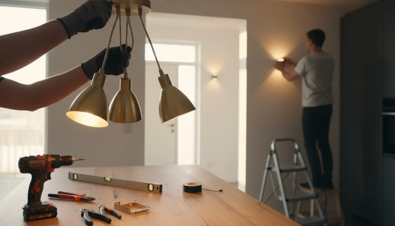 Nærbillede af ophængning af en 3‑lampe pendel over køkkenbordet med værktøj og to små lamper i entreen.