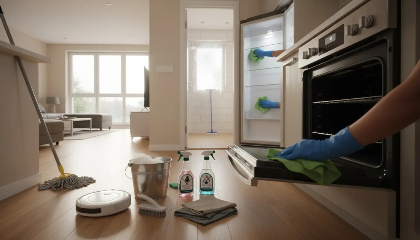Lyst, åbent hjem hvor rengøringshandsker tørrer ovn og køleskab med rengøringsudstyr i forgrunden.