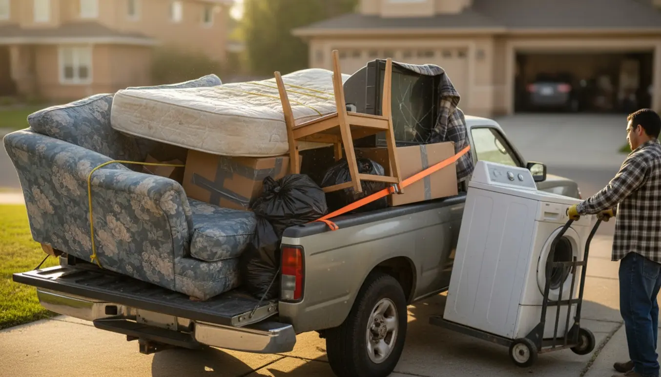 En pickup lastes med gamle møbler, apparater og affald klar til afhentning og kørsel til lossepladsen.