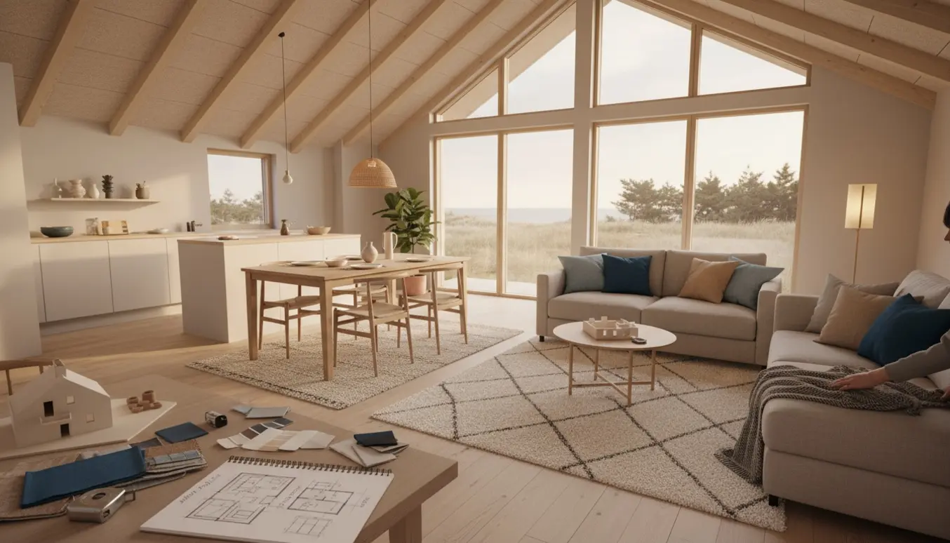 Lyst sommerhusinteriør med højloft, designskitser og stofprøver på bordet.