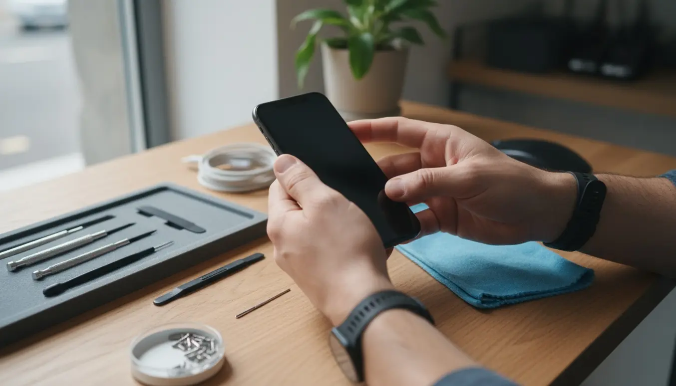 Nærbillede af hænder, der genstarter en frossen iPhone ved et ryddeligt reparationsbord.