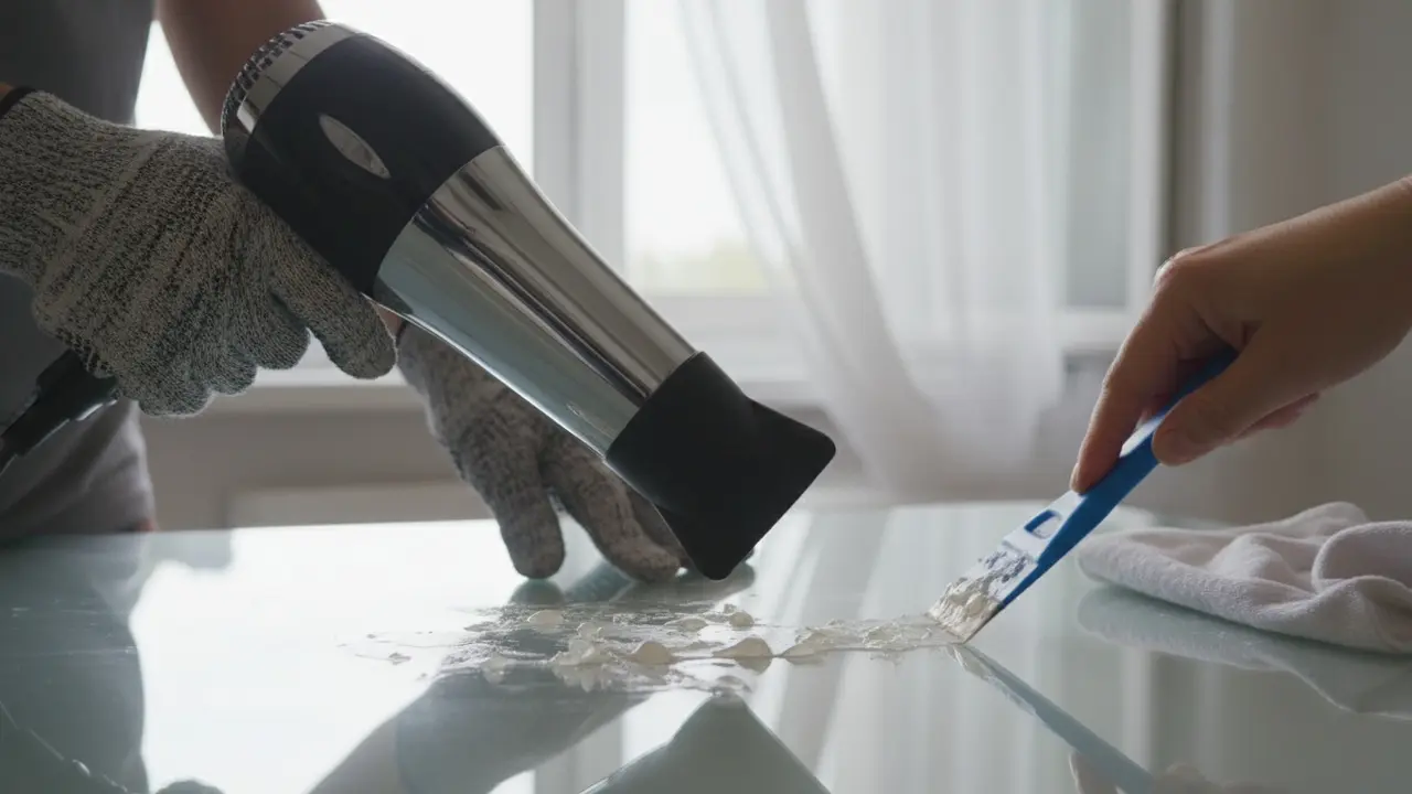 Handsker og hænder varmer og skraber blødgjort lim fra en glasskive med hårtørrer og plastskraber