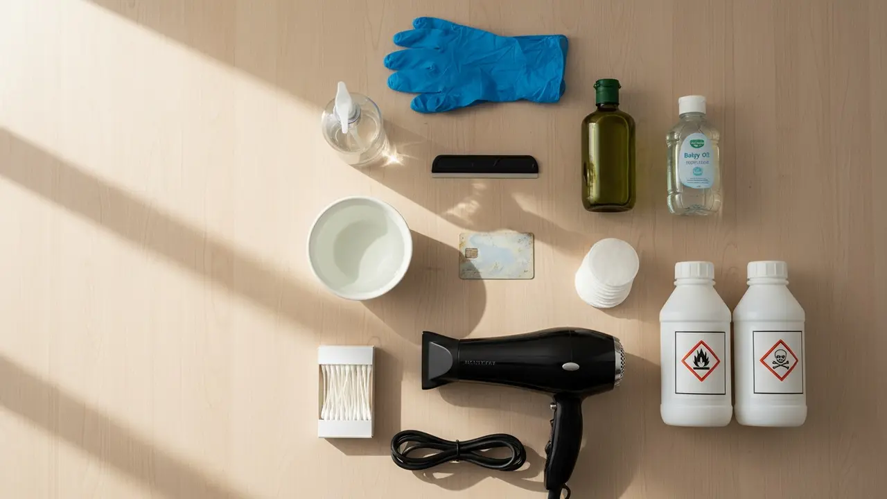 Oversigt over materialer: skål med vand, sæbe, olie, vatpinde, handsker, plastskraber, hårtørrer og ubrandede opløsningsflasker
