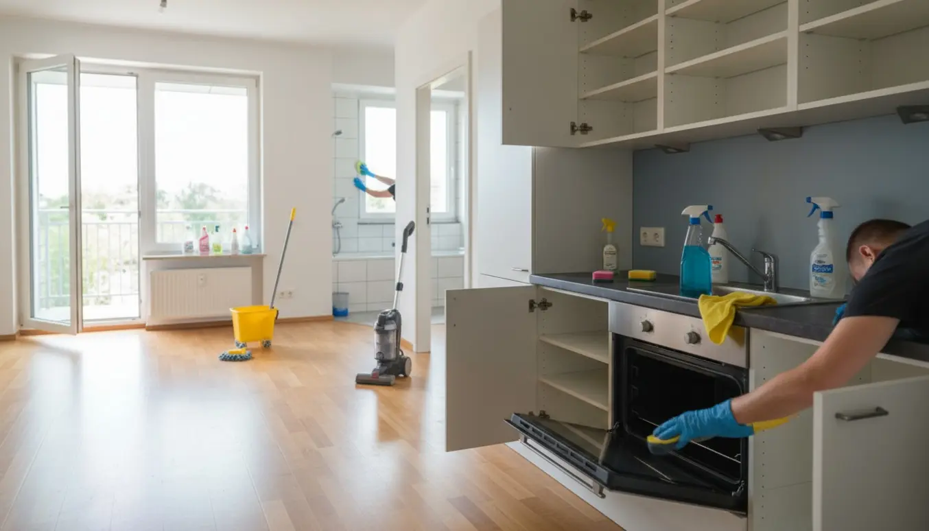 Hænder i gummihandsker rengør køkken og badeværelse i en tom lejlighed ved fraflytning.