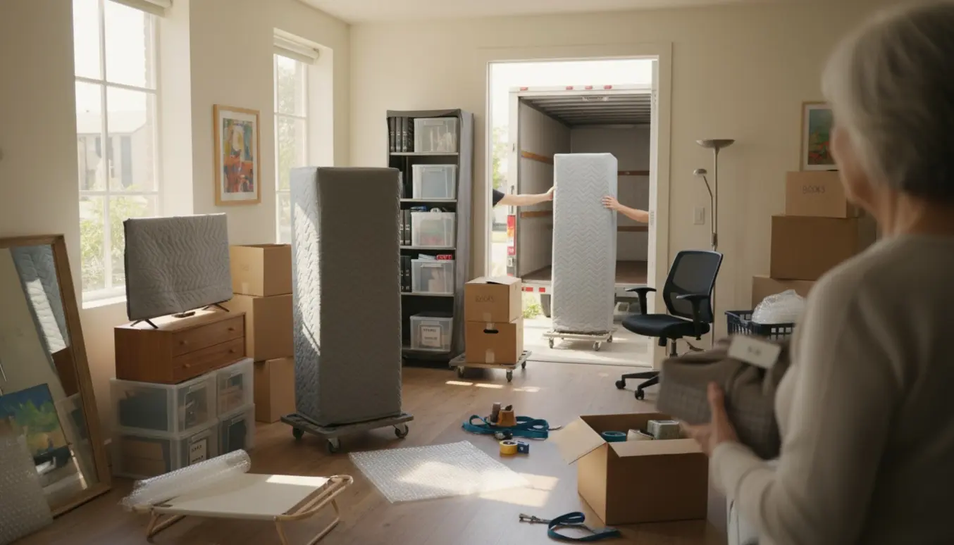 Stue fyldt med flyttekasser, plastkasser og møbler på møbelhunde, ældre dame set bagfra med en lille pakke.