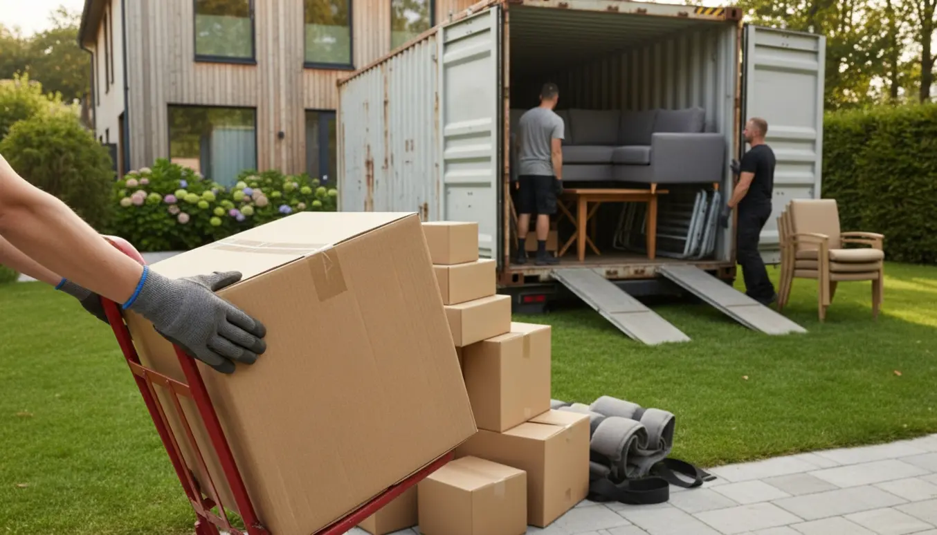 To flyttefolk læsser sofa og flyttekasser ind i en åben container i haven; ansigter er ikke tydelige.