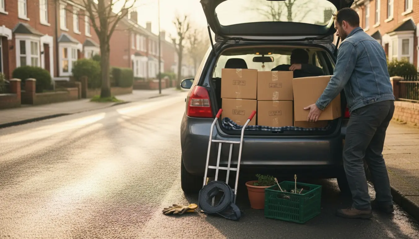 Åben bagagerum på en lille bil med seks flyttekasser og to personer set bagfra på en stille villavej.