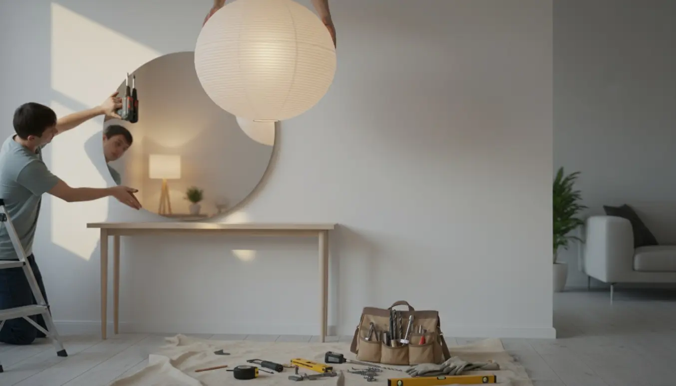Hænder monterer et rundt spejl og en rispapirslampe i en skandinavisk stue med værktøj i forgrunden.