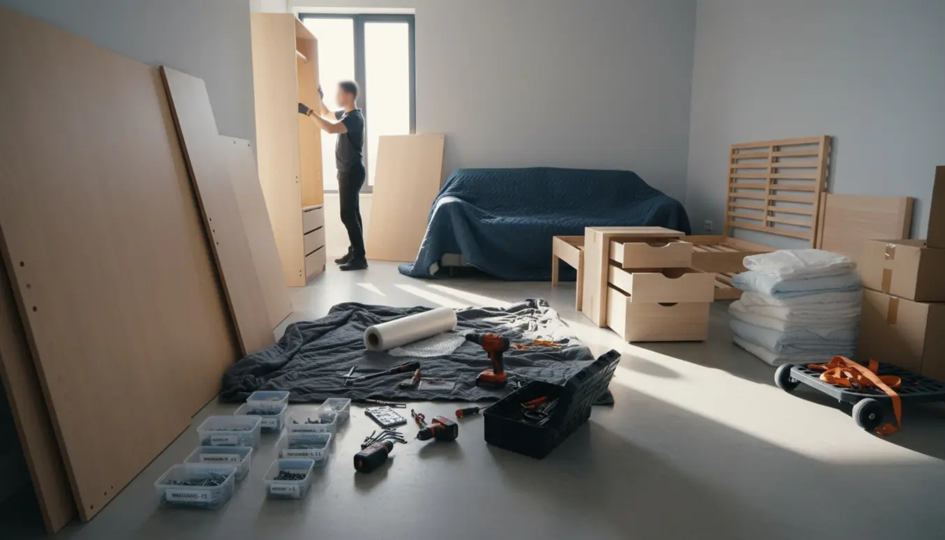 Halvafmonteret langt skab, flyttekasser, møbler og værktøj i et lyst værelse under flytning.
