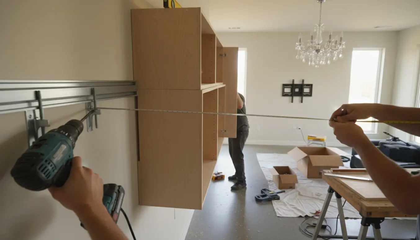 Hænder monterer overskabe på vægskinner i en stue med værktøj, TV-ophæng og lysekrone klar til installation.