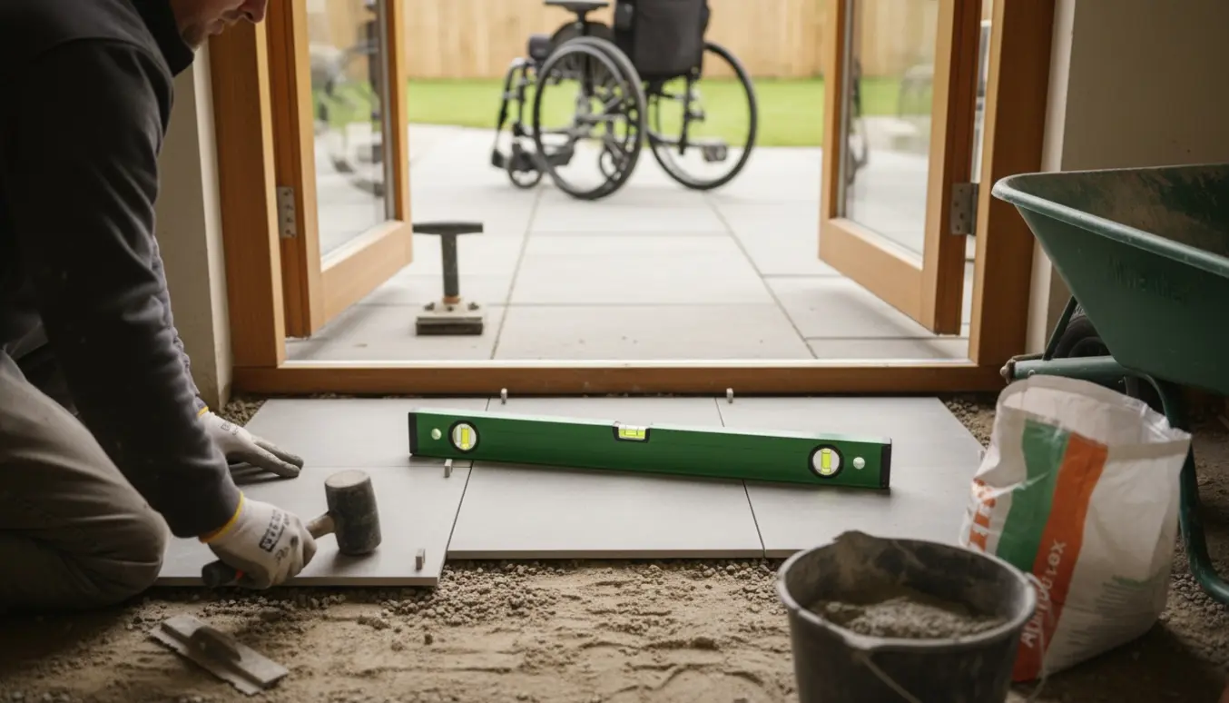 En arbejder lægger fliser ved en terrassedør med værktøj og et jævnt flisefelt klar til kørestolsadgang.