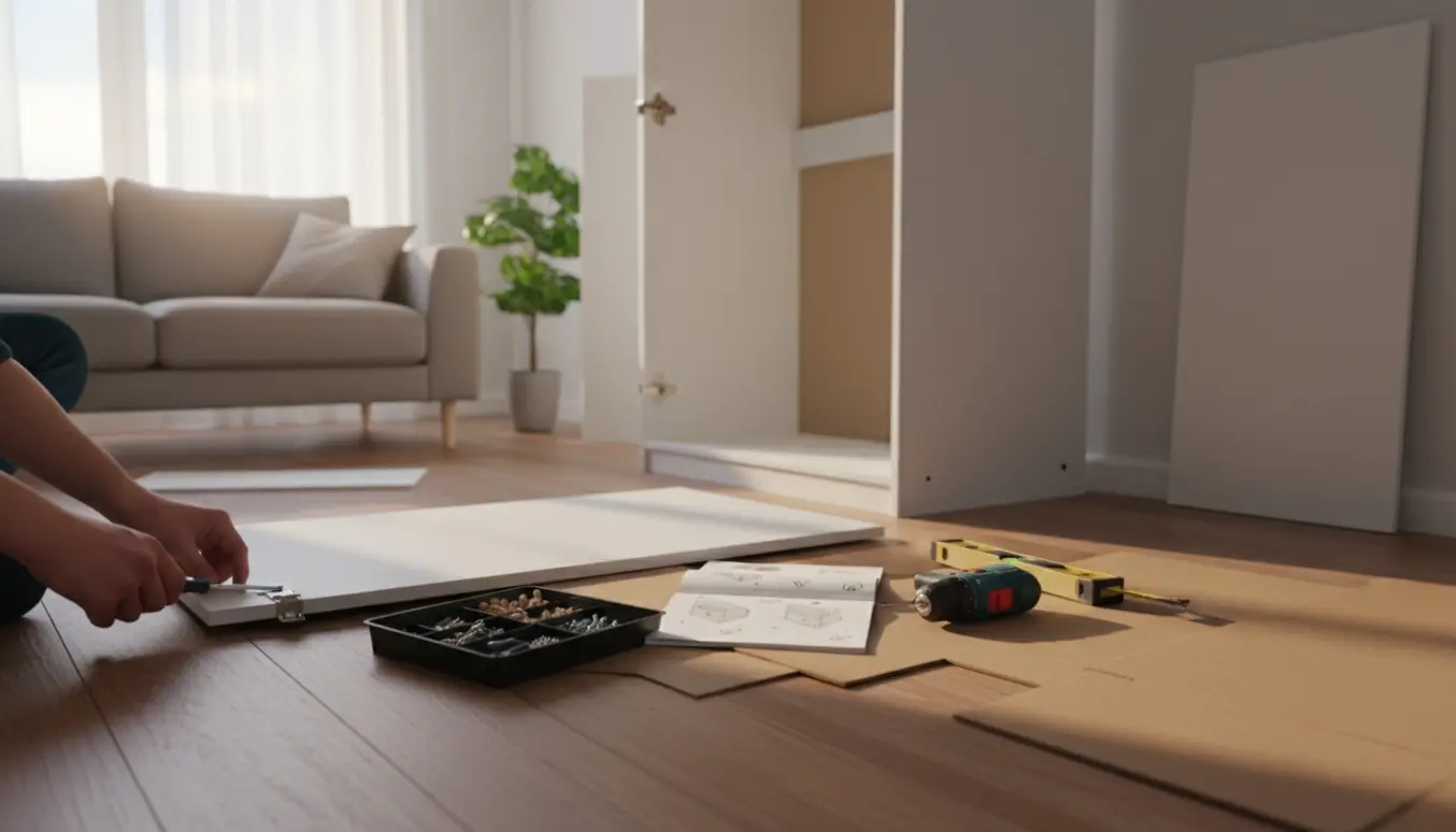 Nærbillede af hænder, der monterer et hængsel på en hvid flat-pack-garderobedør i et lyst opholdsrum.