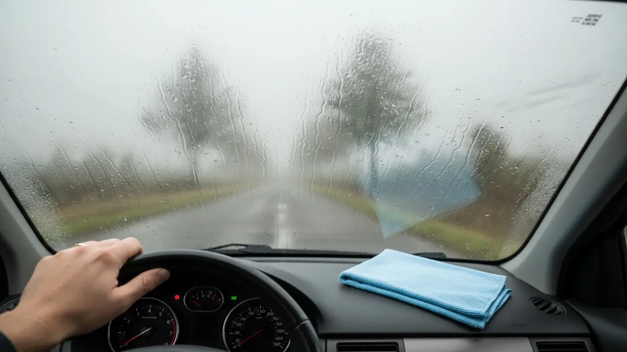 Tåget bilinteriør med dug på forruden og en mikrofiberklud på passagersædet