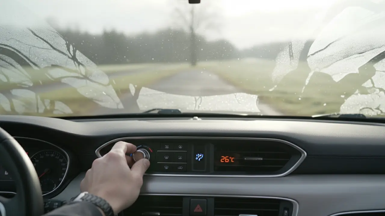 Tæt-up af bilens klimakontrol med varmedefrost indstillet og hånd ved knapperne