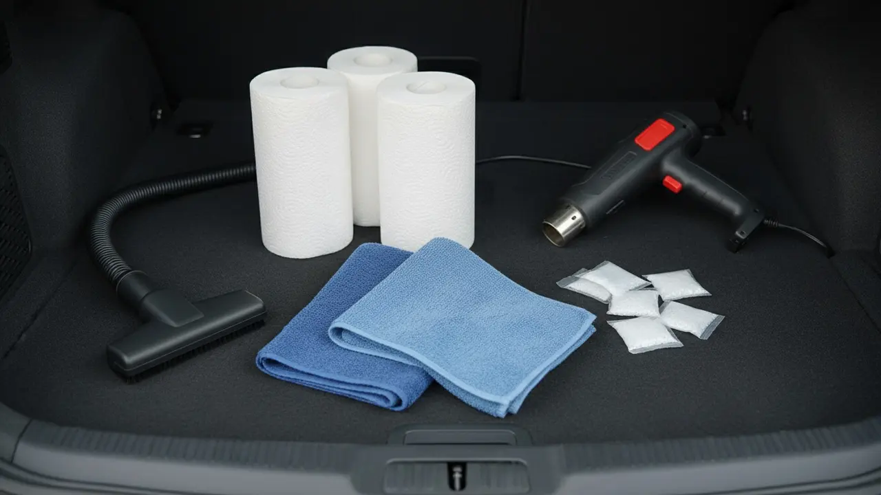 Oversigt over nødvendigt udstyr: mikrofiberklude, silicagel, køkkenrulle, støvsugerdyse og føntørrer