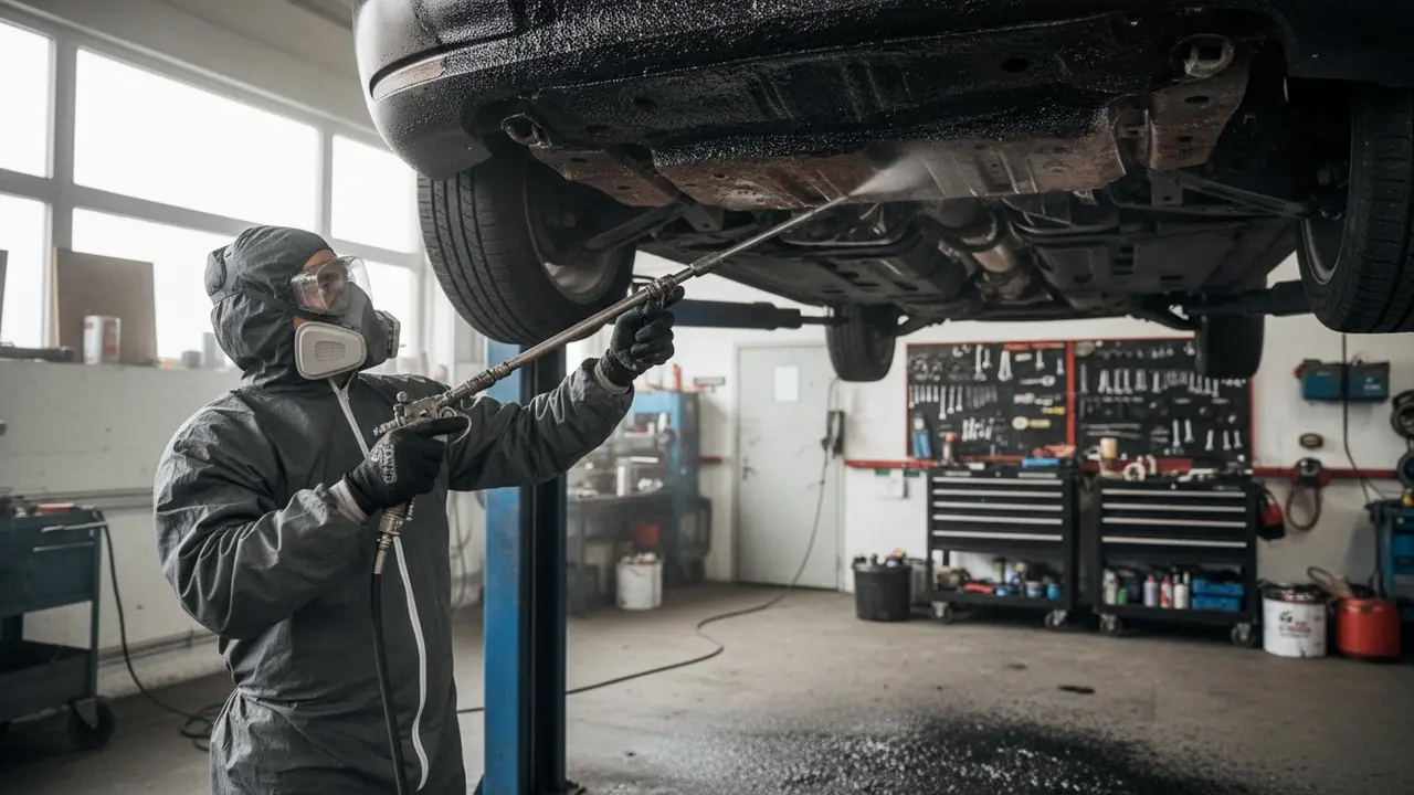 Mekaniker sprøjter undervognsbehandling på bilens underside, synlig forskel mellem behandlet og rustent metal