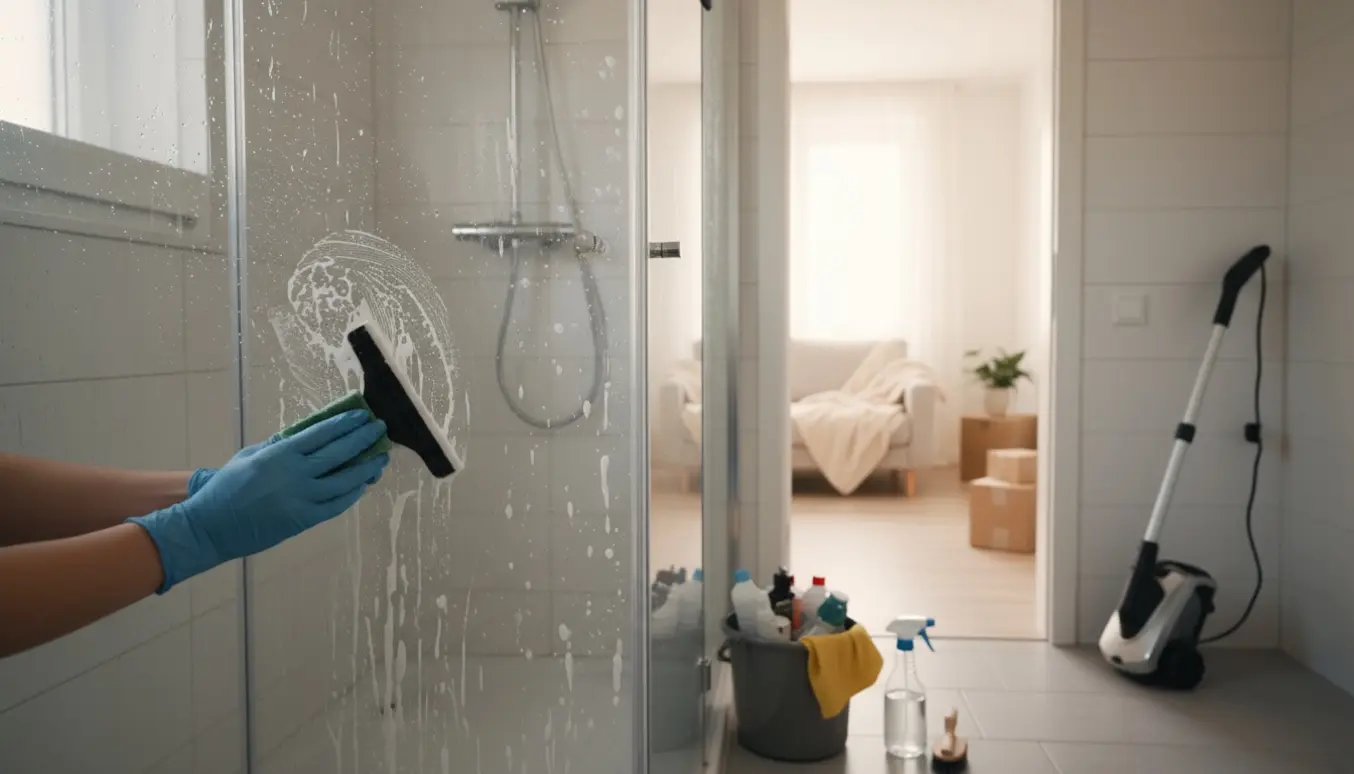 Gummihandsker skrubber kalk af en brusekabine under fraflytningsrengøring i en lys lejlighed.